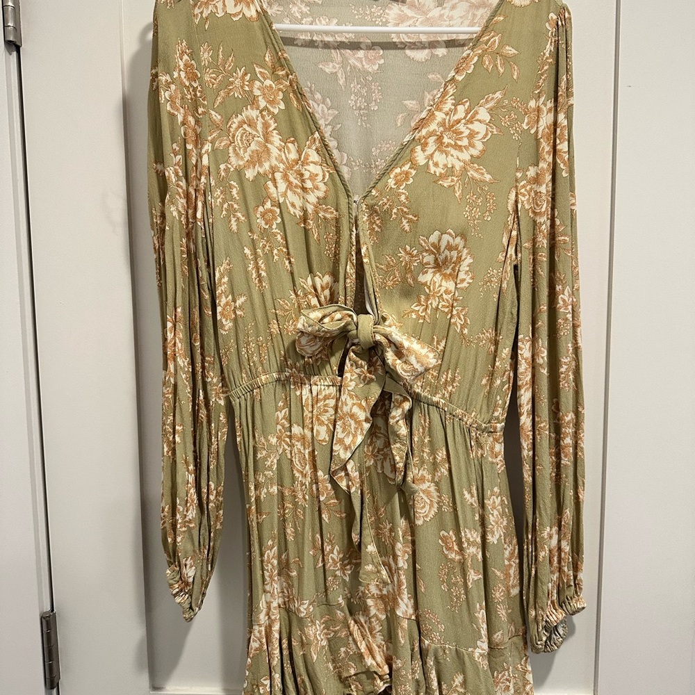 Kivari Olive Green Floral Mini Dress with Cream & Tan Flowers